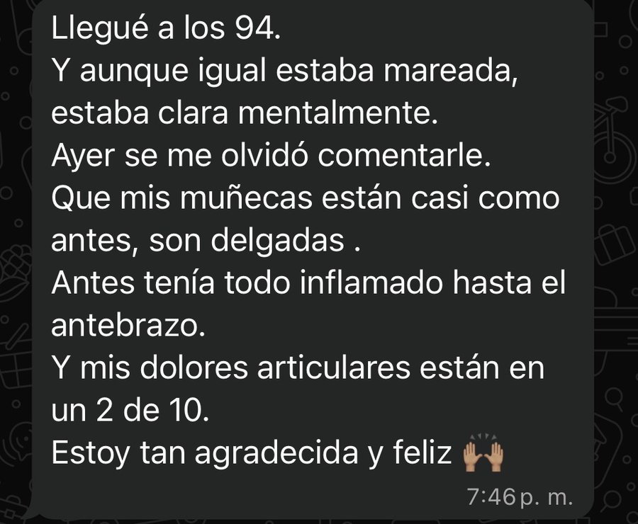 Llegué a los 94 kg; muñecas casi como antes; dolores articulares en un 2 de 10