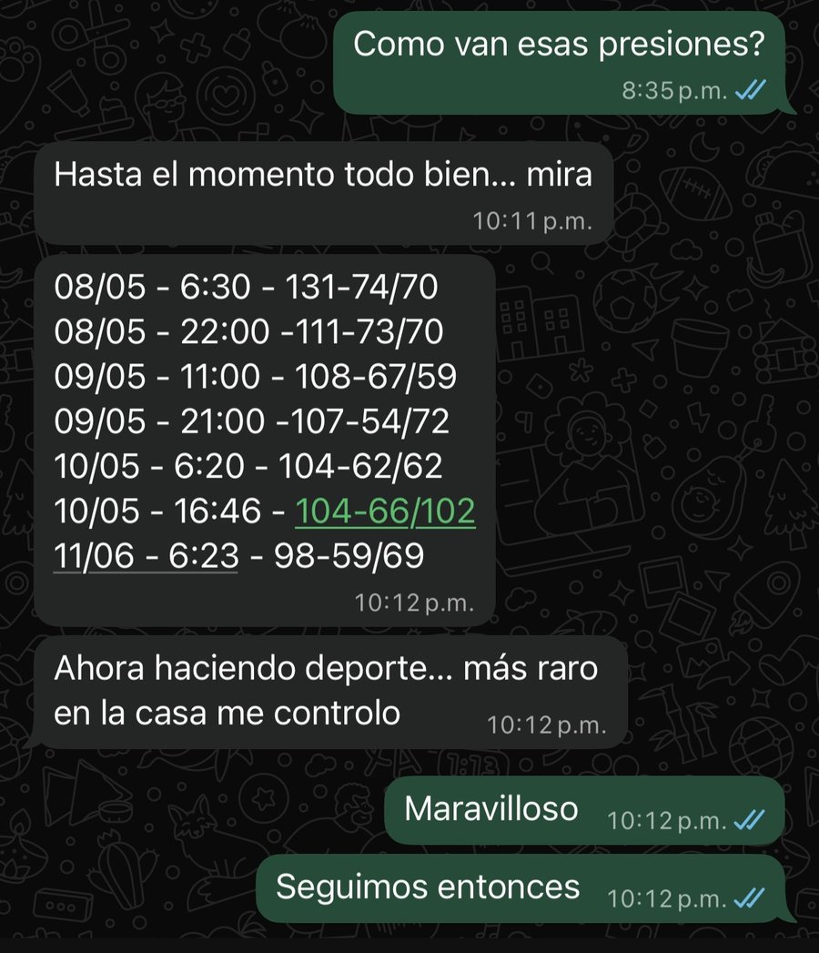 Registro de presiones bajando de 131/74 a 98/59 en un mes, ahora haciendo deporte